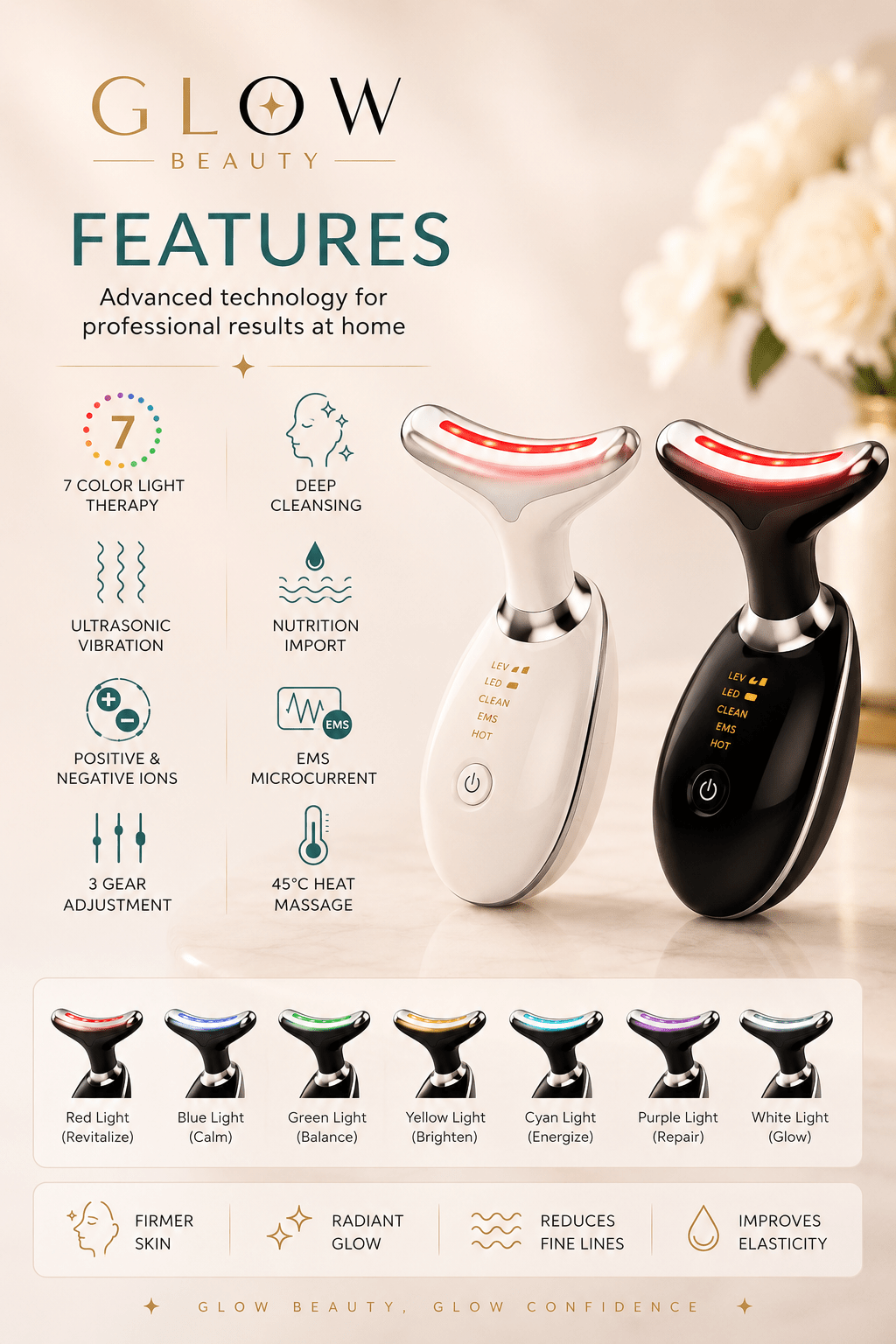 LED Face & Neck Massager | 7-Color Therapy - Skincare - Glow Beauty