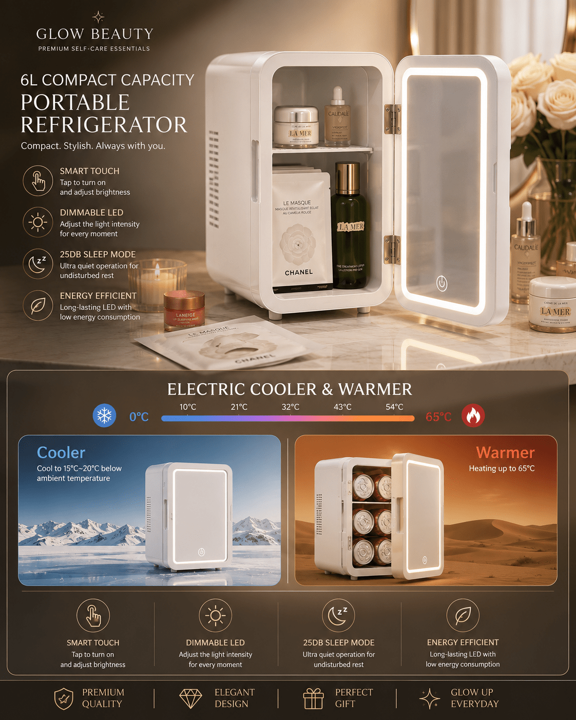 LED Mirror Mini Cosmetic Fridge 6L | Cooler & Warmer ⭐ - Beauty Accessories - Glow Beauty