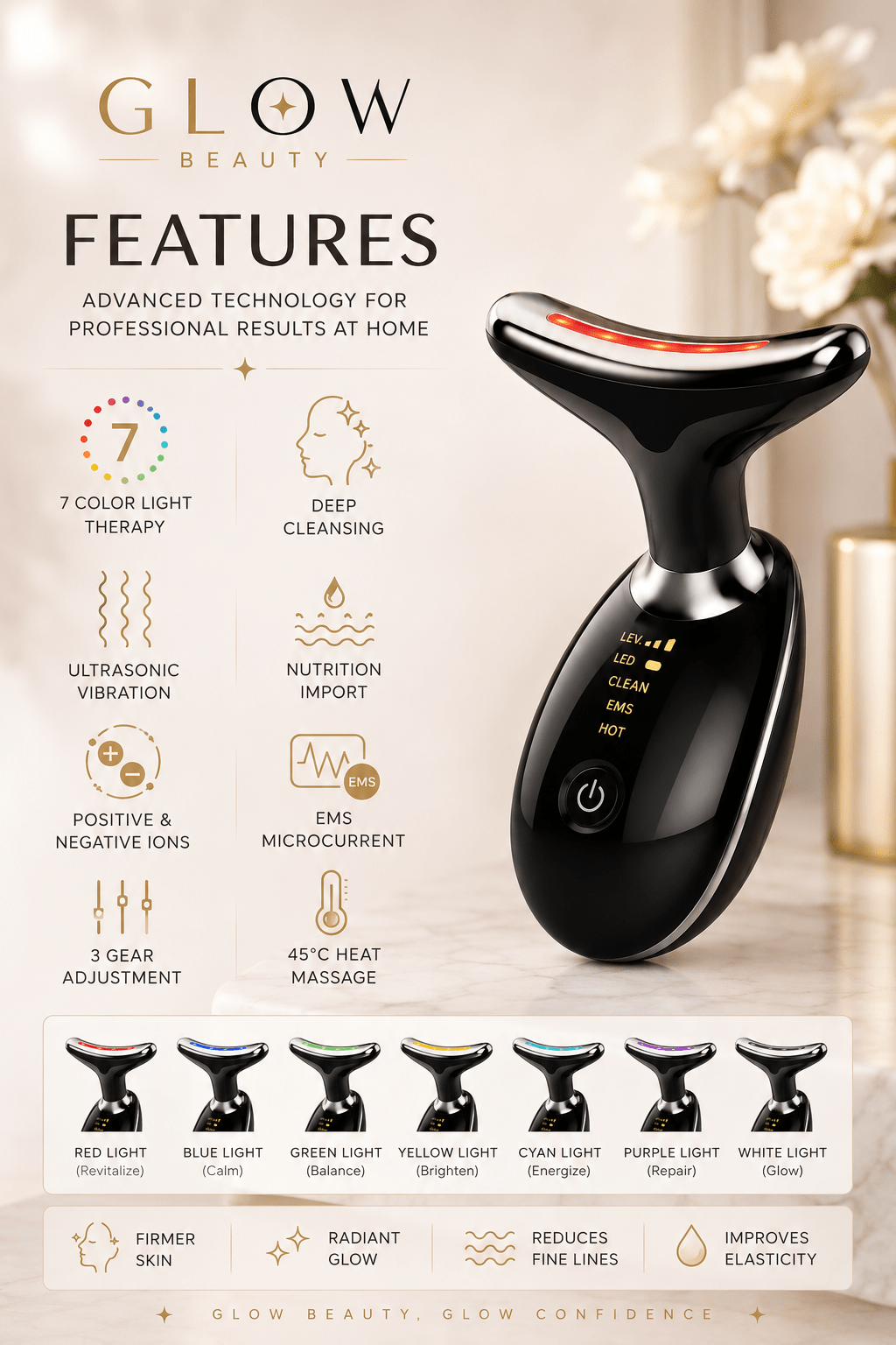 LED Face & Neck Massager | 7-Color Therapy - Skincare - Glow Beauty