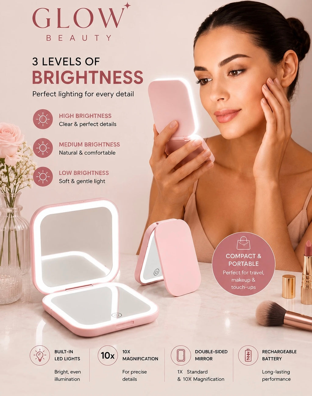LED Makeup Mirror | 10X Magnification - Beauty Accessories - Glow Beauty